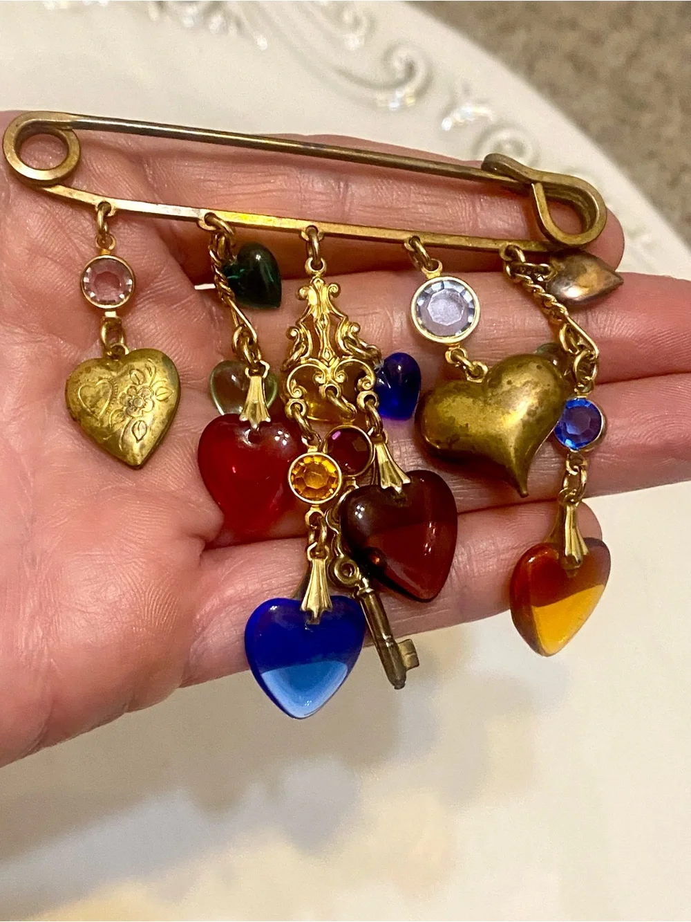 Vintage Glass Heart Multi Color Safety Pin Charm Brooch